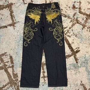 Vintage Crown Holder Game Time Gold Wing Paisley Jeans Size 32x29 Cyber Y2K